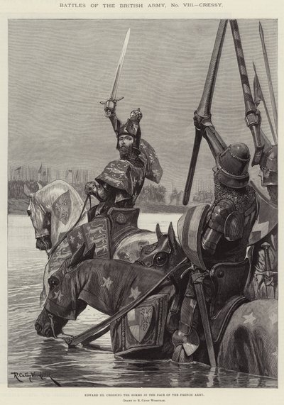 フランス軍の正面を向いてソンムを渡るイギリス軍、クレシー、エドワード3世の戦い 作： Richard Caton Woodville junior